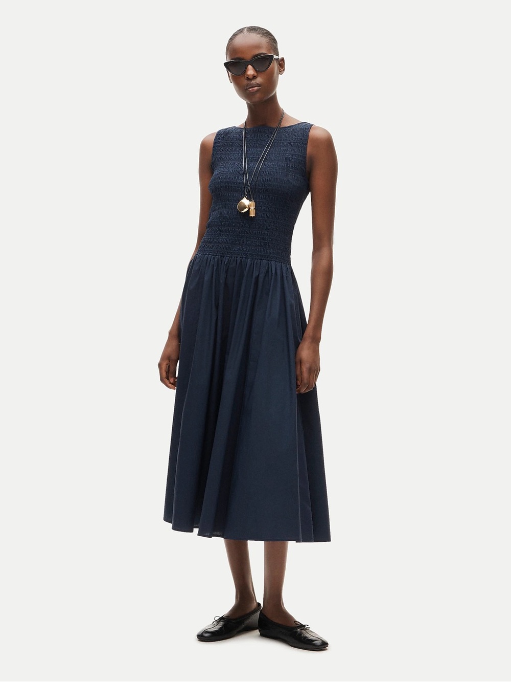 J. Crew Navy Smocked Bodice Sleeveless Midi Dress
